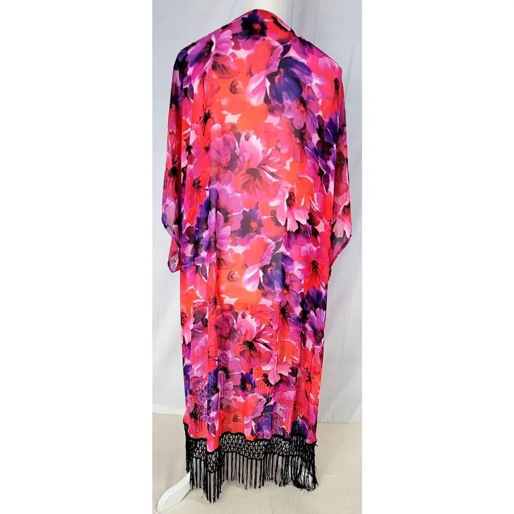 Catalina Floral Chiffon Swim Cover Up XL Pink Fringe Kimono Beach Open Front